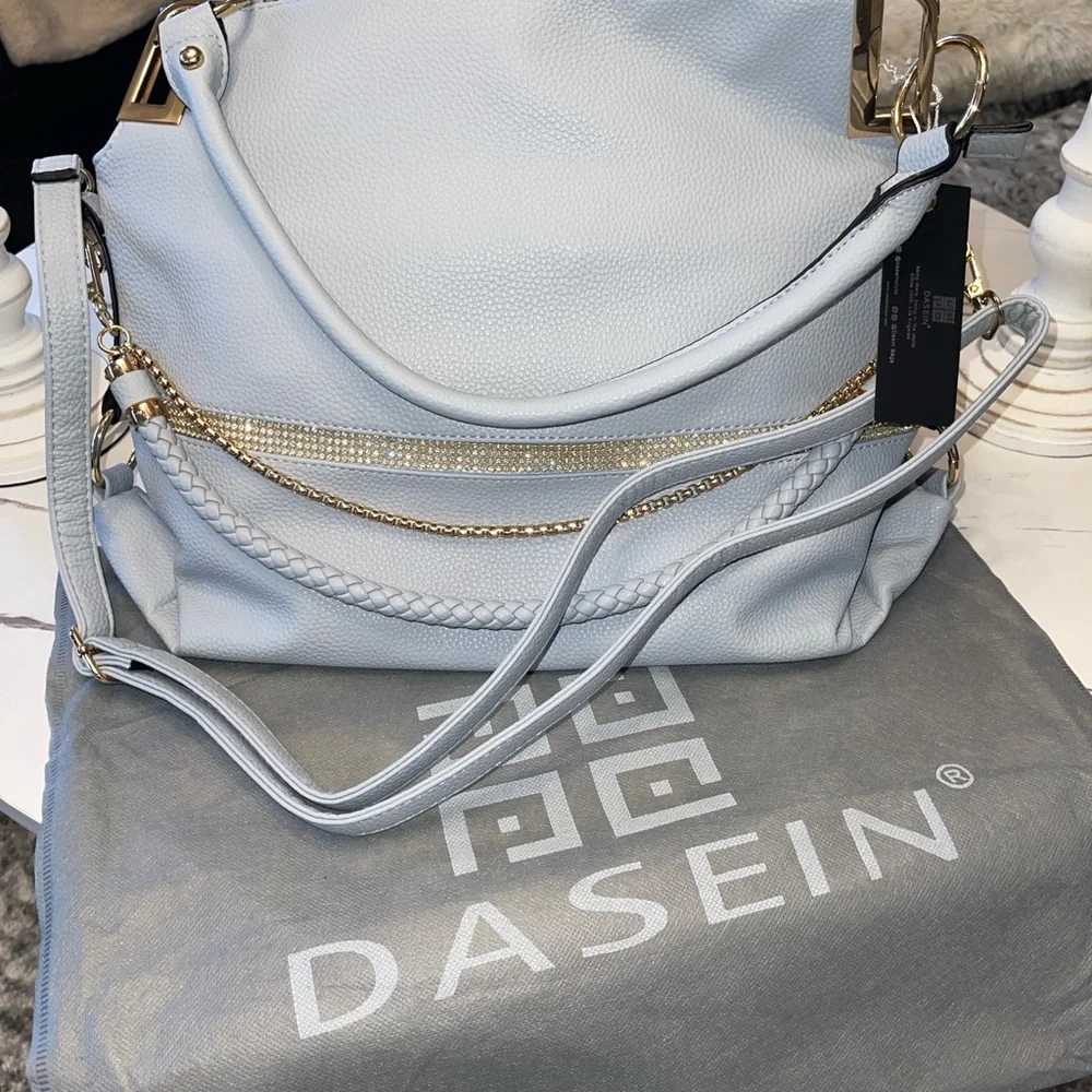 Stylish Light Blue Handbag with Gold Accents - Picture 7 of 15